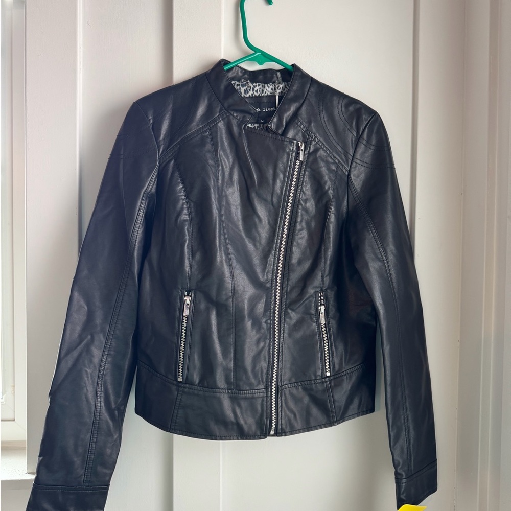 Black Rivet Asymmetrical Black Leather Jacket